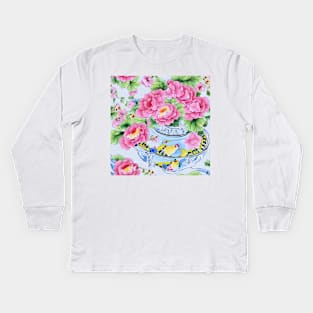 Roses in chinoiserie jars Kids Long Sleeve T-Shirt